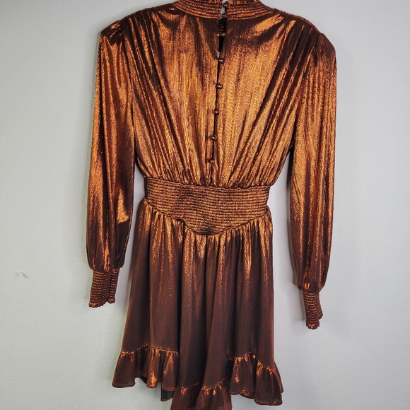 Retrofete melody metallic ruffle puff sleeves.  front cut out mini length size L - Picture 5 of 10